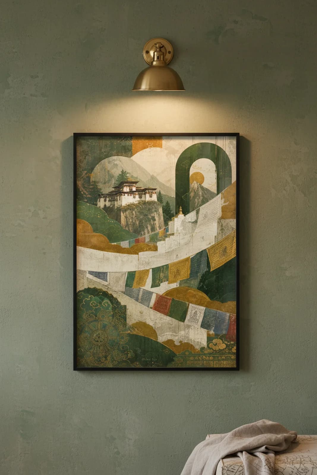 Bhutan Paro Suncities travel print in black A2 frame on forest-green concrete wall — Suncities mockup