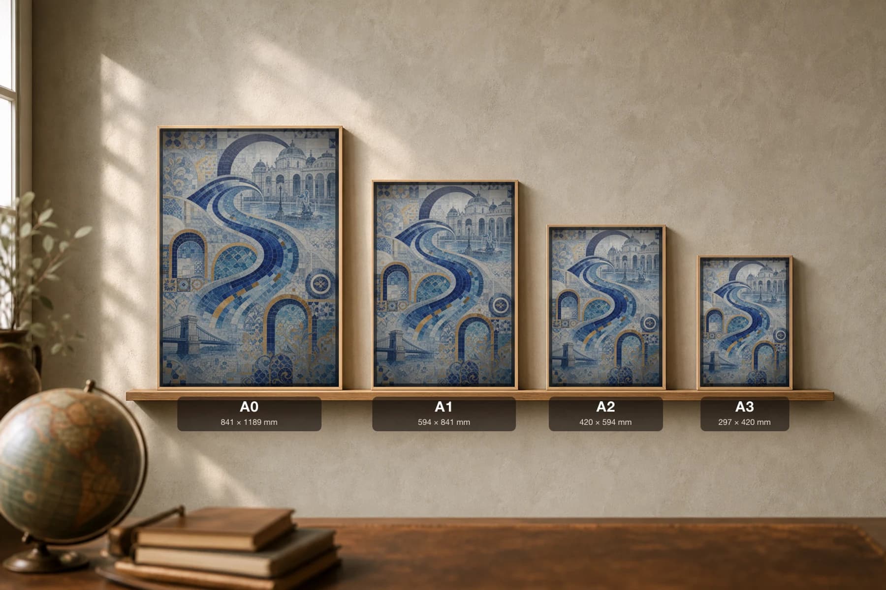 Budapest Poster — Hungary travel wall art · city print · framed A2 — print size guide showing the artwork at A0, A1, A2 and A3 in natural-oak frames at true relative scale