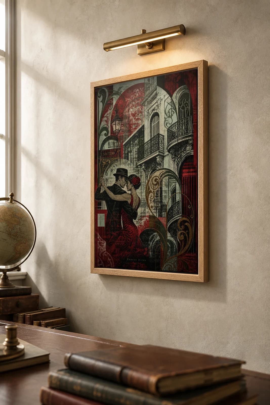Buenos Aires Poster — Argentina travel wall art · city print · framed A2 — the framed print shown at a three-quarter angle on a styled gallery wall in a natural-oak frame