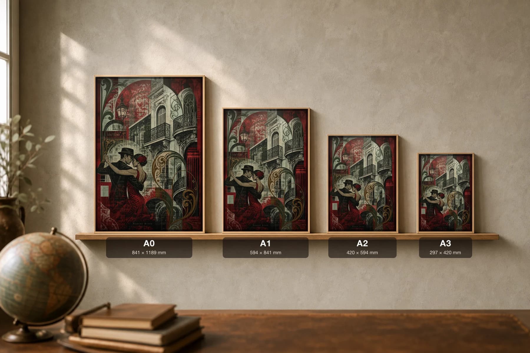 Buenos Aires Poster — Argentina travel wall art · city print · framed A2 — print size guide showing the artwork at A0, A1, A2 and A3 in natural-oak frames at true relative scale