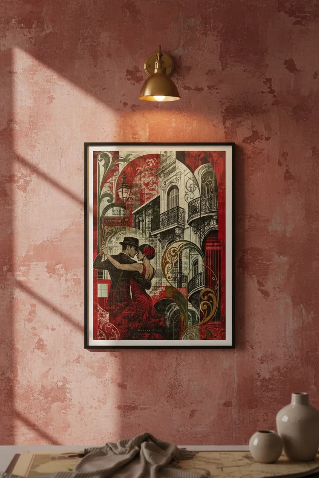 Buenos Aires Suncities travel print in black A2 frame on deep-red concrete wall — Suncities mockup