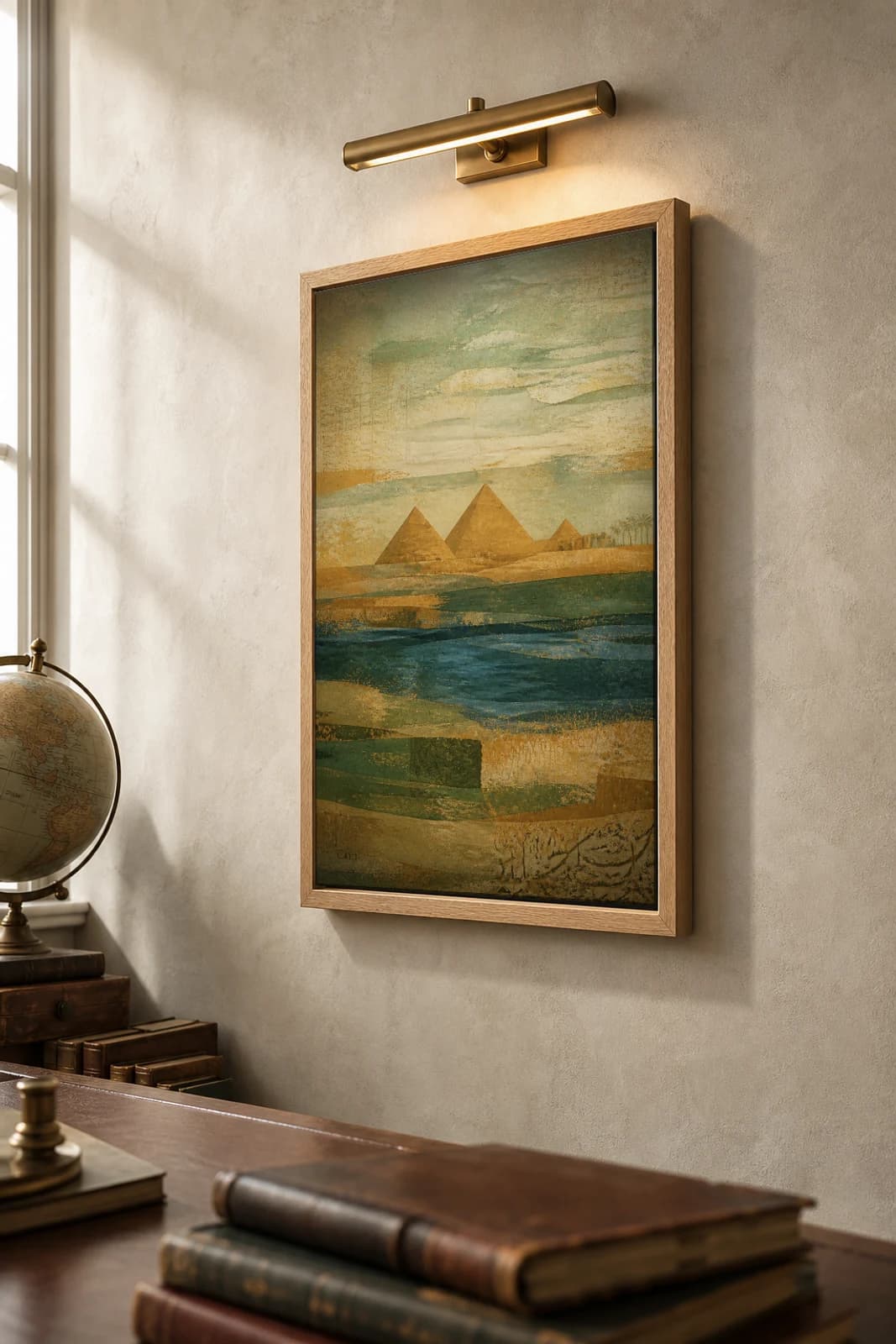 Cairo Poster — Egypt travel wall art · city print · framed A2 — the framed print shown at a three-quarter angle on a styled gallery wall in a natural-oak frame