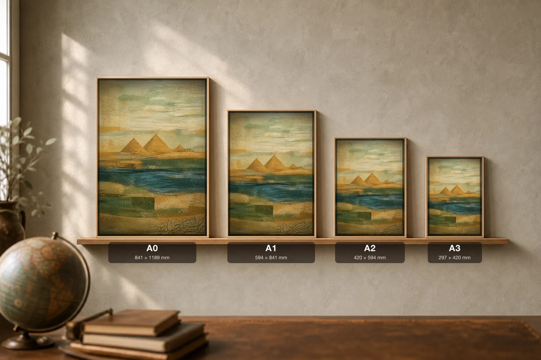 Cairo Poster — Egypt travel wall art · city print · framed A2 — print size guide showing the artwork at A0, A1, A2 and A3 in natural-oak frames at true relative scale