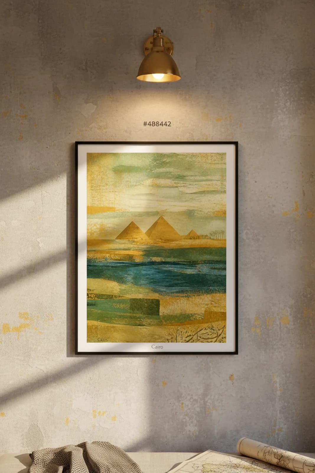 Cairo Suncities travel print in black A2 frame on golden-ochre concrete wall — Suncities mockup