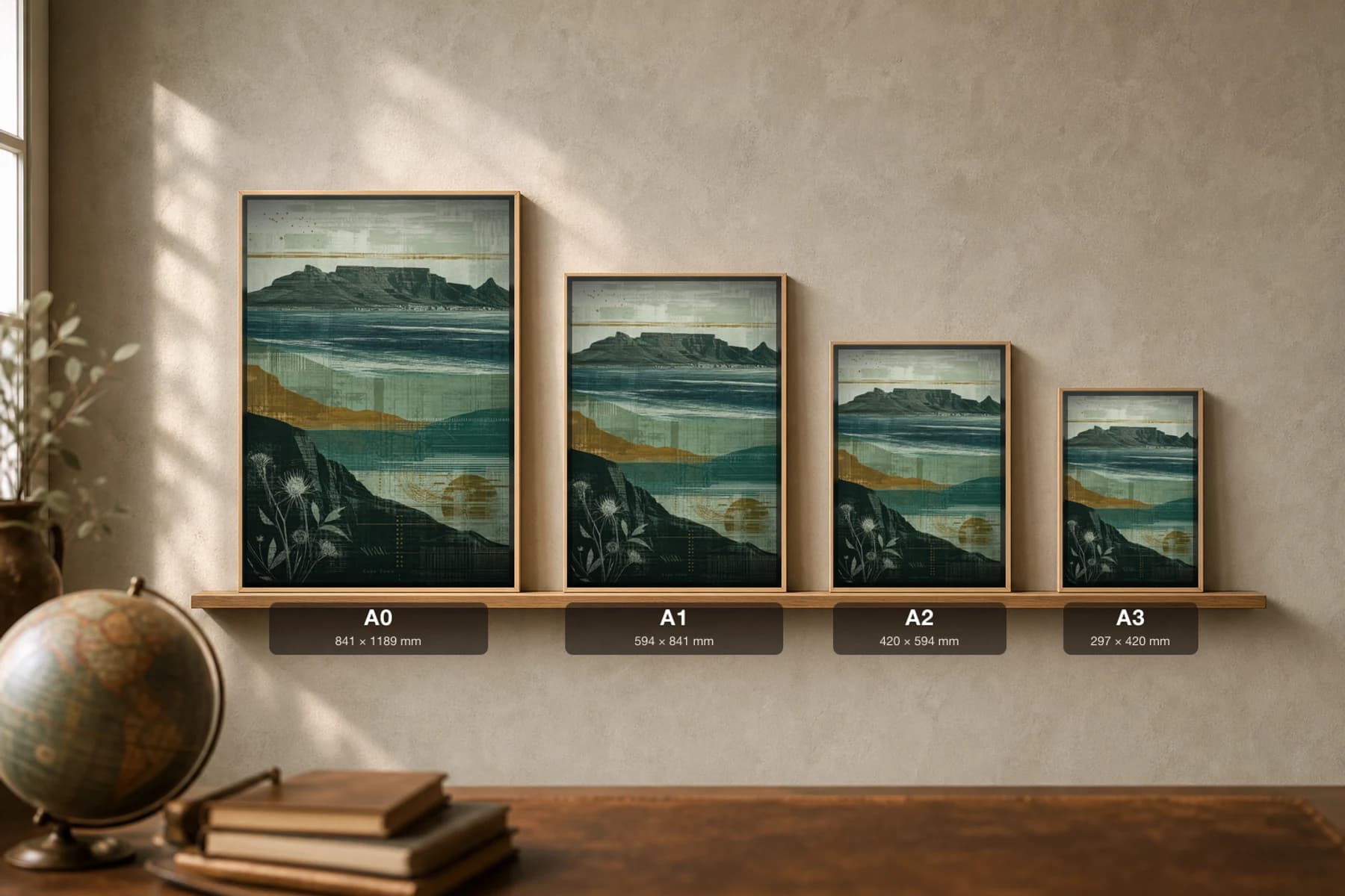 Cape Town Poster — South Africa travel wall art · city print · framed A2 — print size guide showing the artwork at A0, A1, A2 and A3 in natural-oak frames at true relative scale