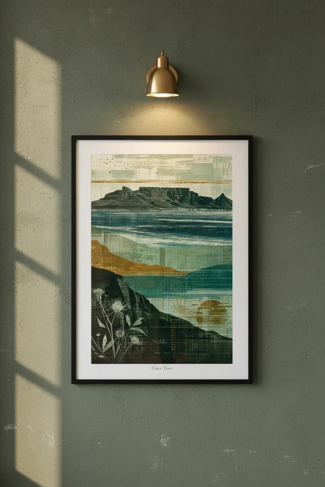 Cape Town Suncities travel print in black A2 frame on sage-green concrete wall — Suncities mockup