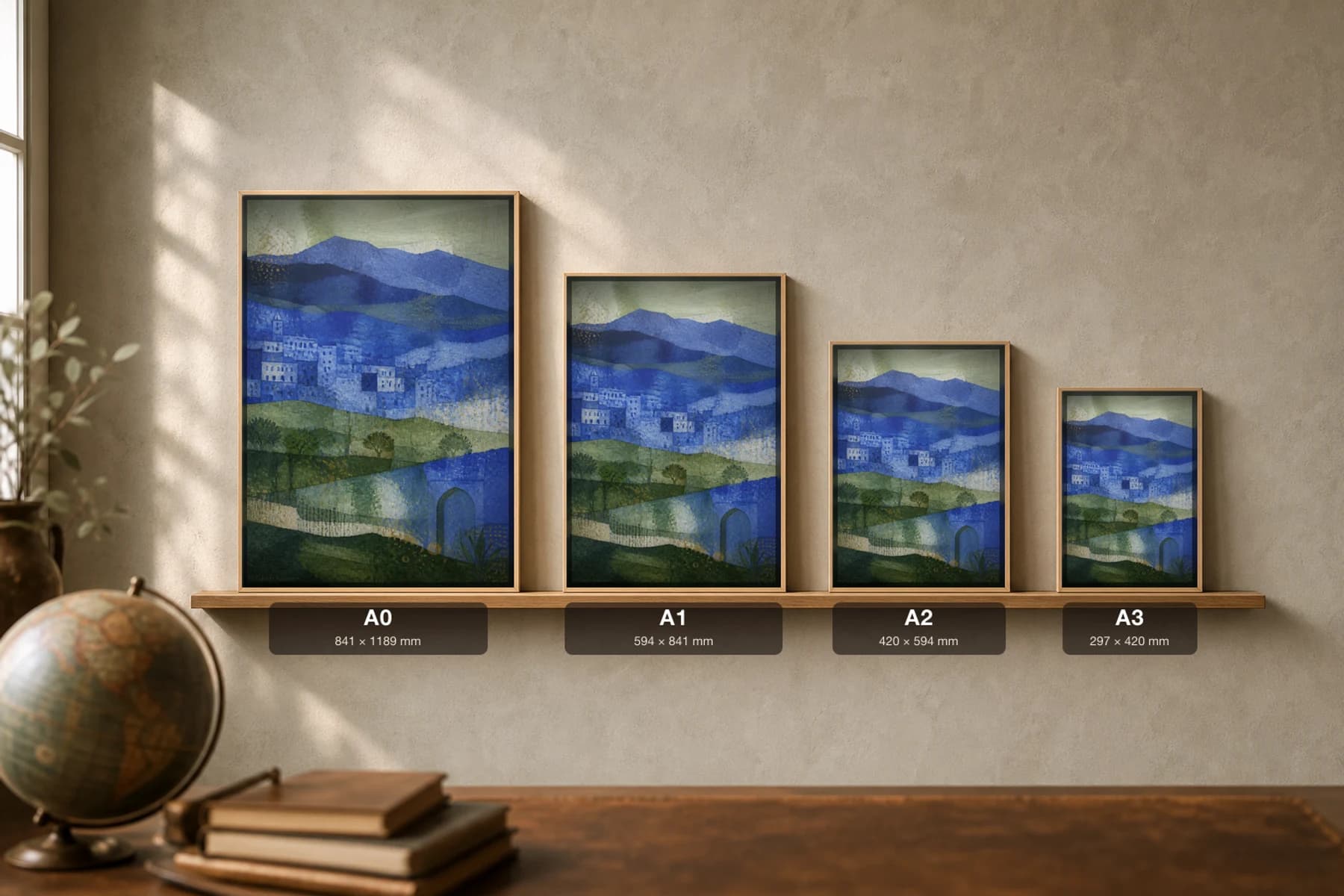 Chefchaouen Poster — Morocco travel wall art · city print · framed A2 — print size guide showing the artwork at A0, A1, A2 and A3 in natural-oak frames at true relative scale