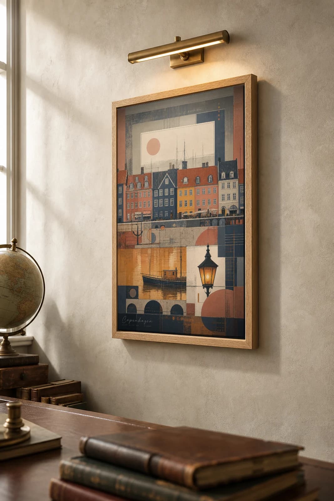 Copenhagen Poster — Denmark travel wall art · city print · framed A2 — the framed print shown at a three-quarter angle on a styled gallery wall in a natural-oak frame