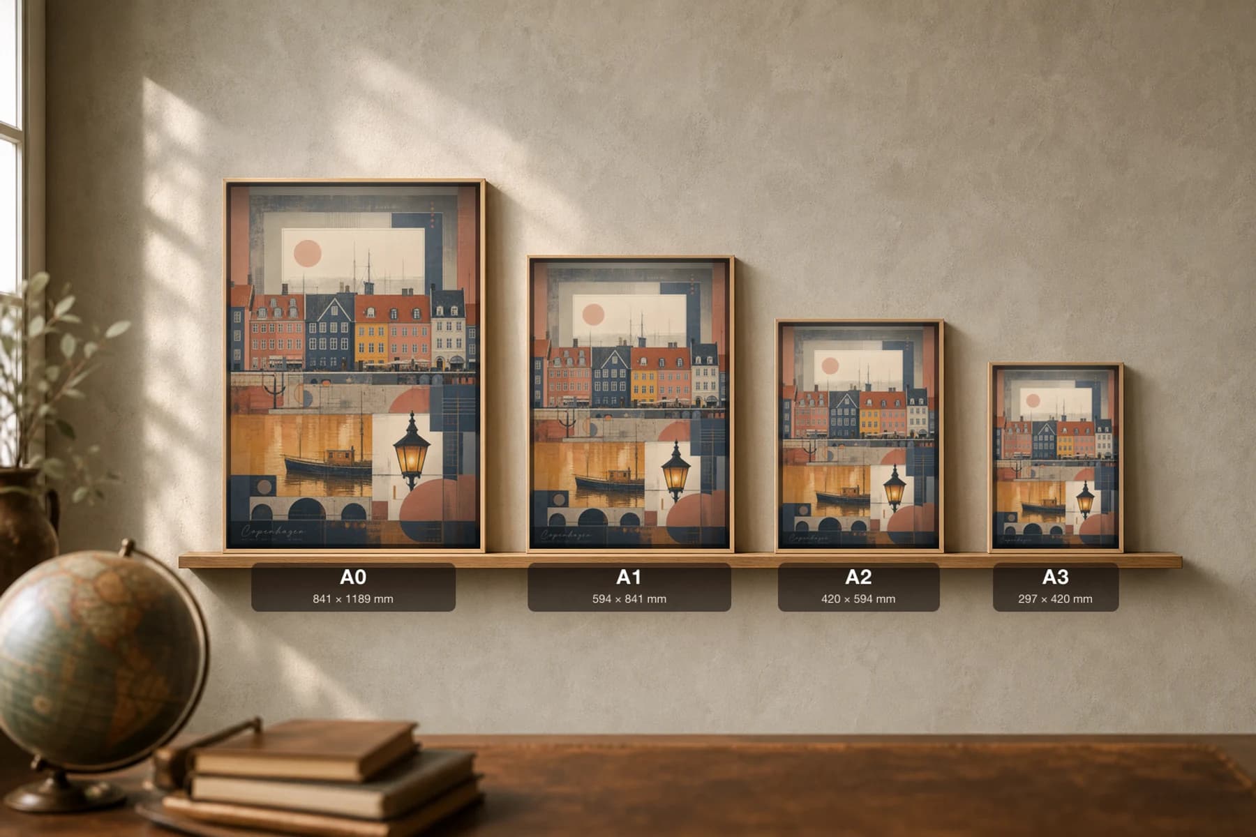 Copenhagen Poster — Denmark travel wall art · city print · framed A2 — print size guide showing the artwork at A0, A1, A2 and A3 in natural-oak frames at true relative scale