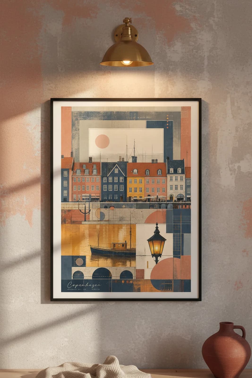 Copenhagen Suncities travel print in black A2 frame on salmon-pink concrete wall — Suncities mockup