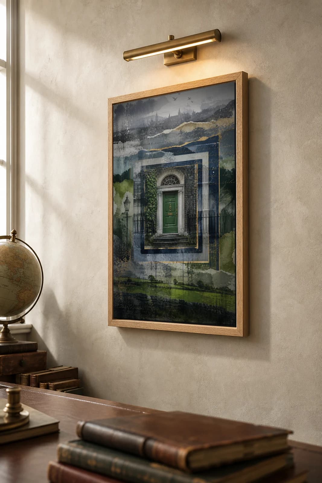 Dublin Poster — Ireland travel wall art · city print · framed A2 — the framed print shown at a three-quarter angle on a styled gallery wall in a natural-oak frame