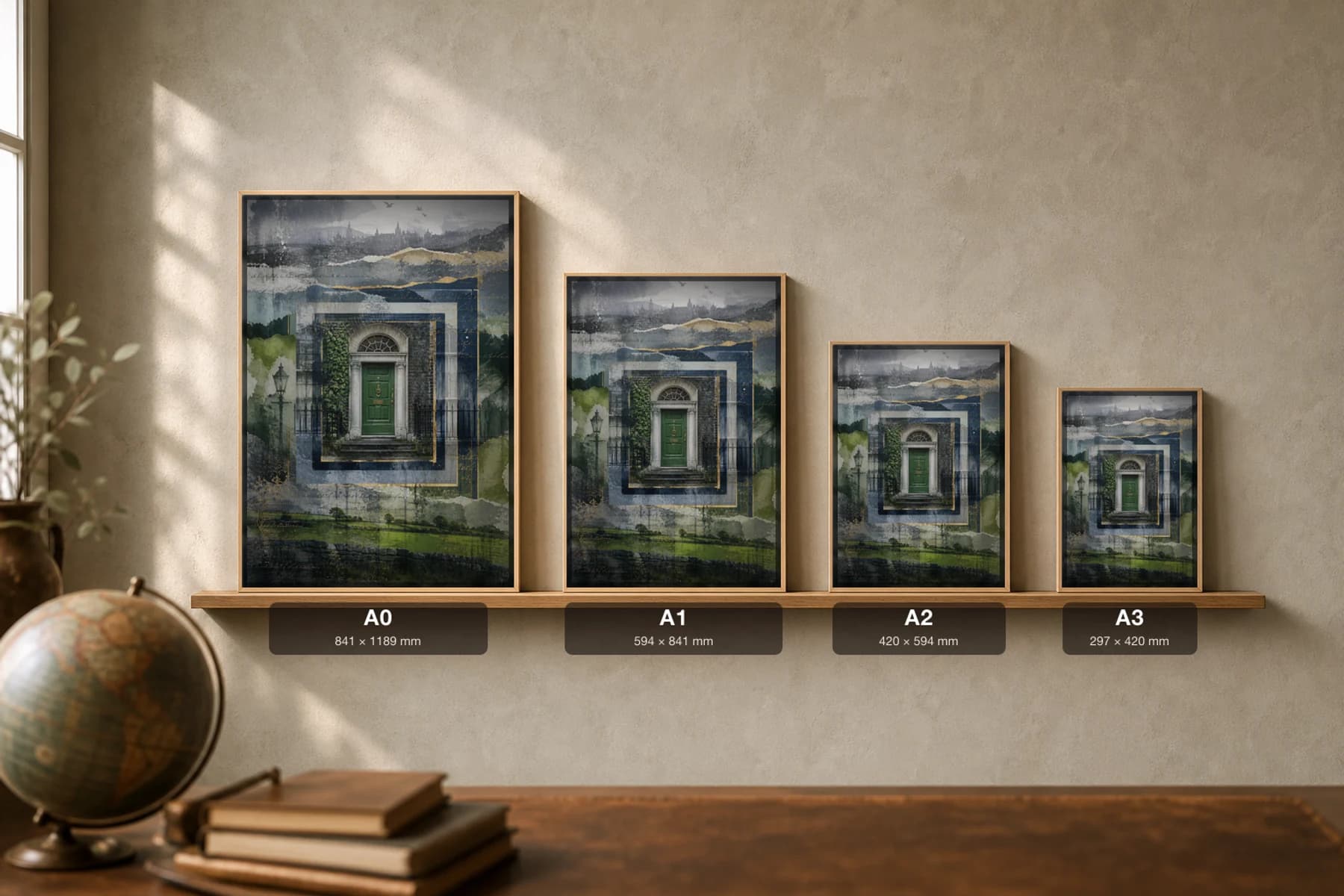 Dublin Poster — Ireland travel wall art · city print · framed A2 — print size guide showing the artwork at A0, A1, A2 and A3 in natural-oak frames at true relative scale