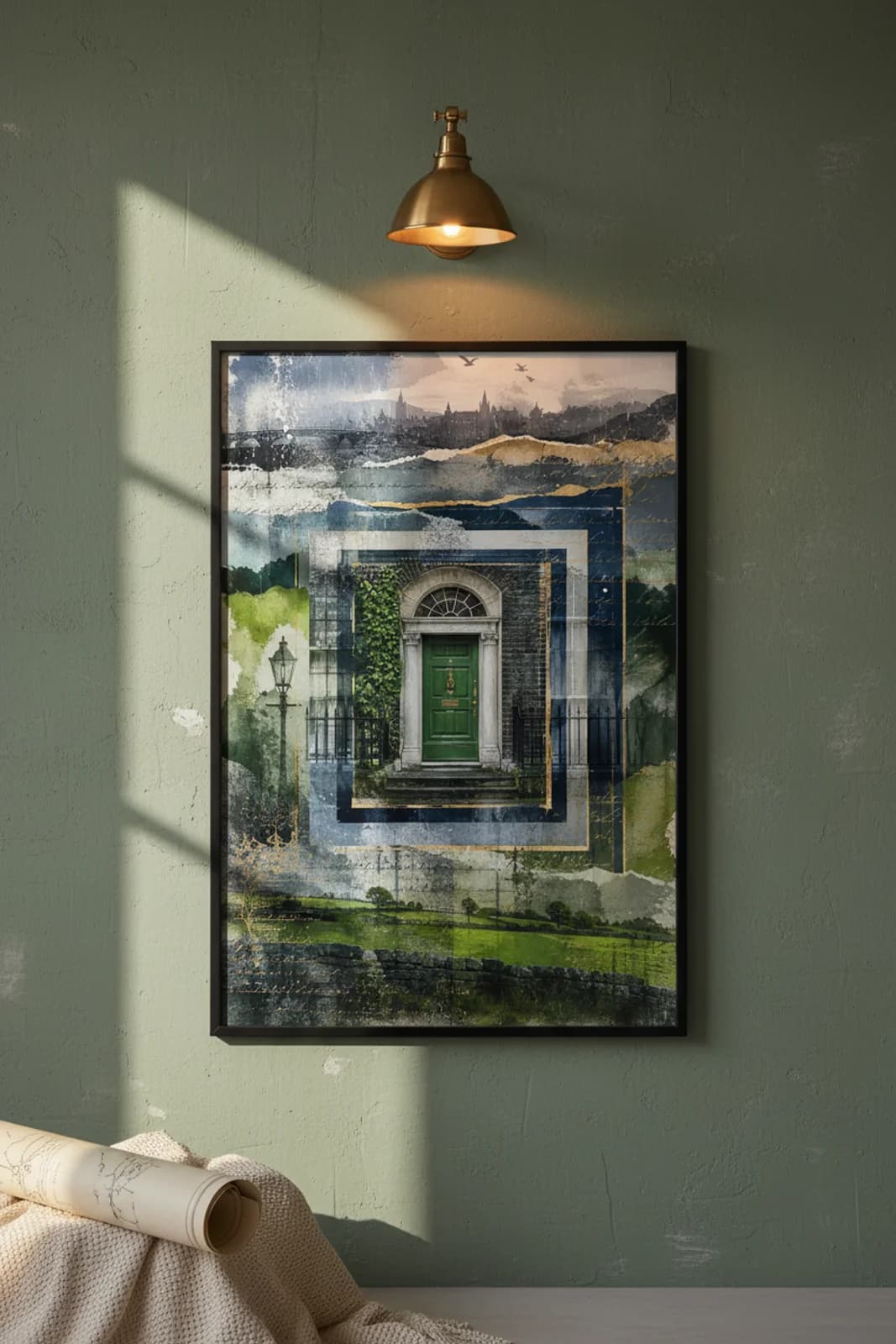 Dublin Suncities travel print in black A2 frame on irish-green concrete wall — Suncities mockup