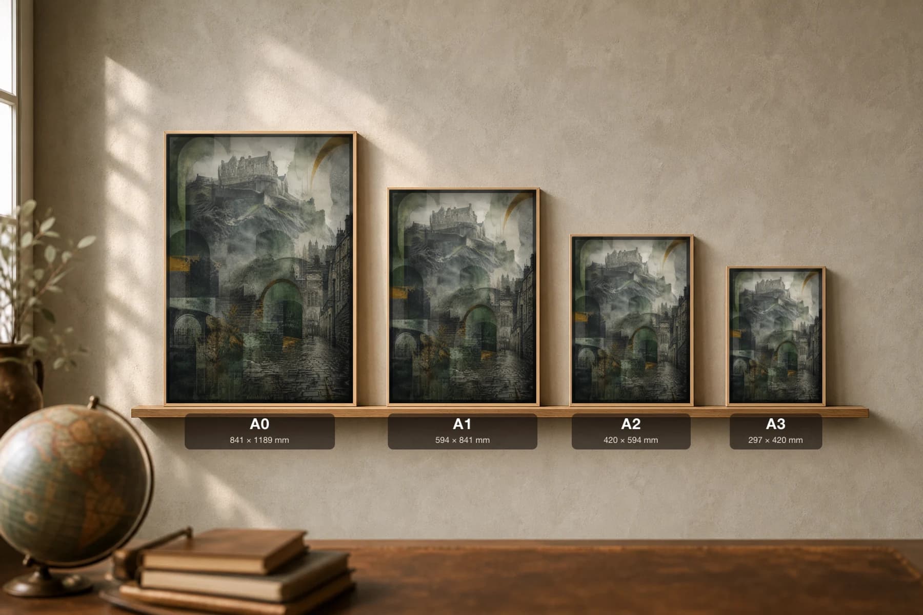Edinburgh Poster — United Kingdom travel wall art · city print · framed A2 — print size guide showing the artwork at A0, A1, A2 and A3 in natural-oak frames at true relative scale