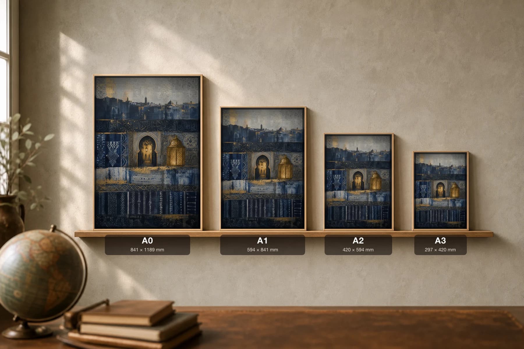 Fez Poster — Morocco travel wall art · city print · framed A2 — print size guide showing the artwork at A0, A1, A2 and A3 in natural-oak frames at true relative scale