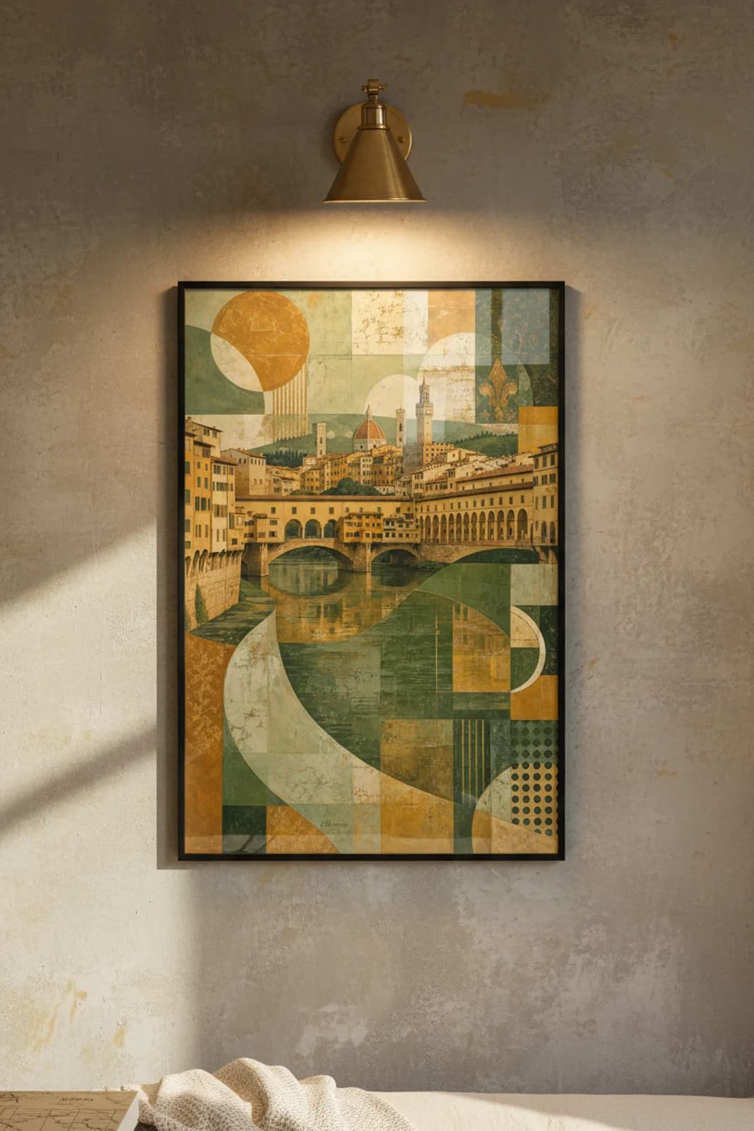 Florence Suncities travel print in black A2 frame on ochre-gold concrete wall — Suncities mockup