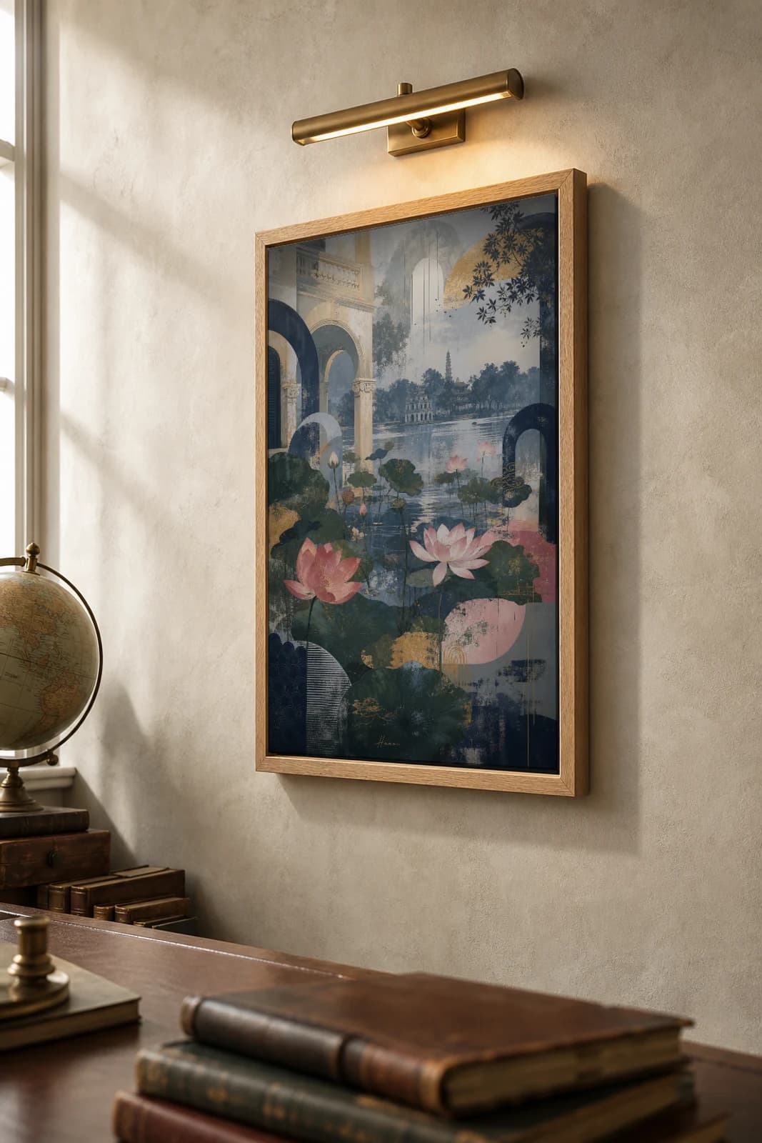 Hanoi Poster — Vietnam travel wall art · city print · framed A2 — the framed print shown at a three-quarter angle on a styled gallery wall in a natural-oak frame
