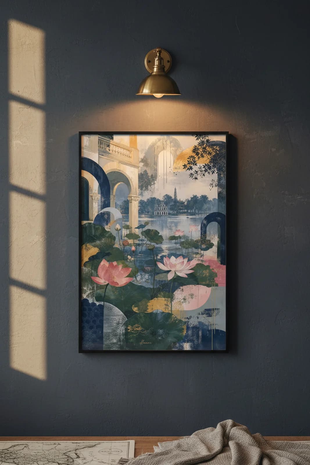 Hanoi Suncities travel print in black A2 frame on deep-navy concrete wall — Suncities mockup