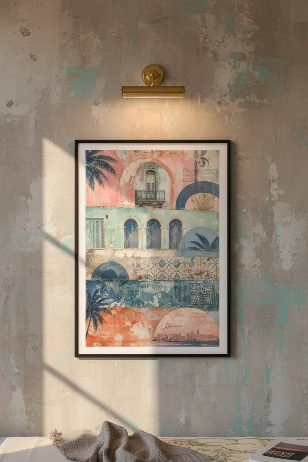 Havana Suncities travel print in black A2 frame on mint-green concrete wall — Suncities mockup