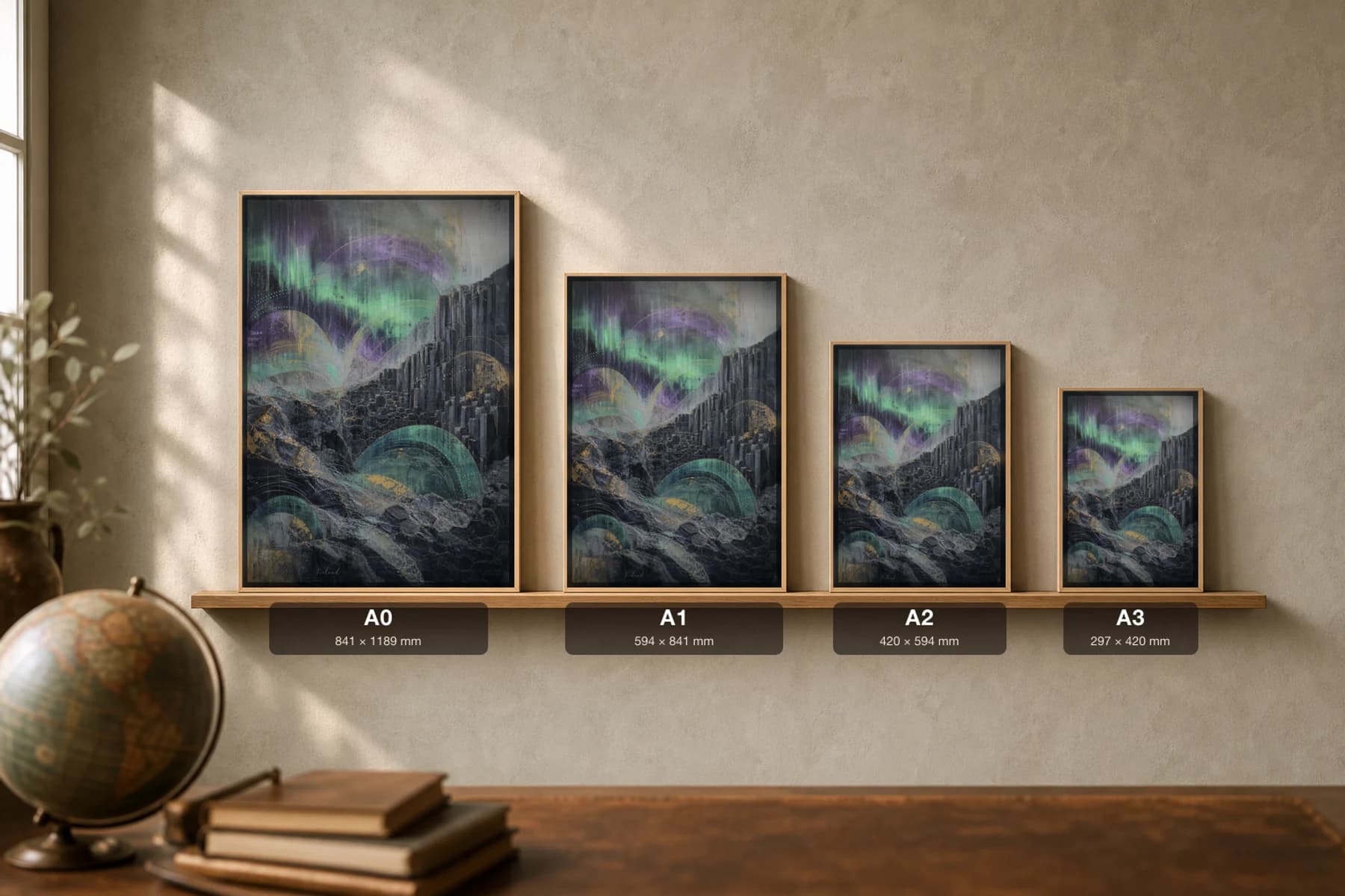 Iceland Poster — Iceland travel wall art · city print · framed A2 — print size guide showing the artwork at A0, A1, A2 and A3 in natural-oak frames at true relative scale