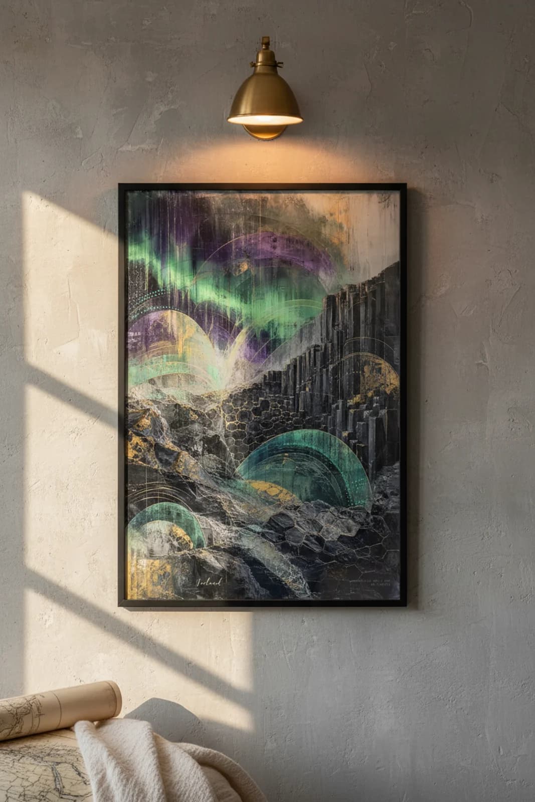 Iceland Suncities travel print in black A2 frame on slate-grey concrete wall — Suncities mockup