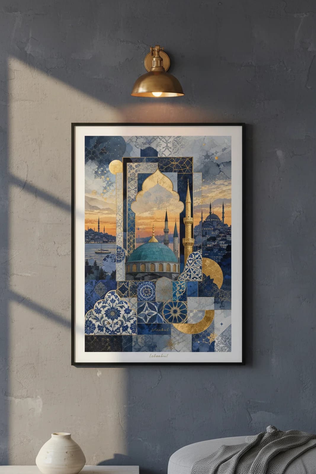 Istanbul Suncities travel print in black A2 frame on deep-navy concrete wall — Suncities mockup