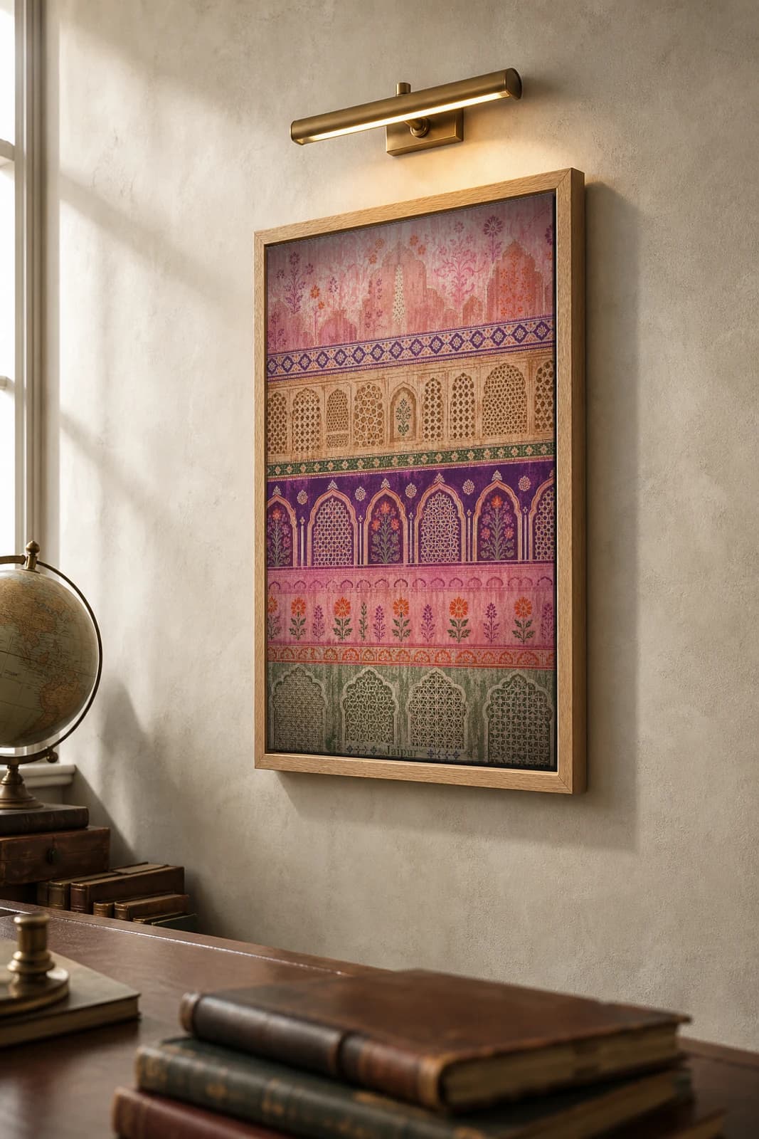 Jaipur Poster — India travel wall art · city print · framed A2 — the framed print shown at a three-quarter angle on a styled gallery wall in a natural-oak frame