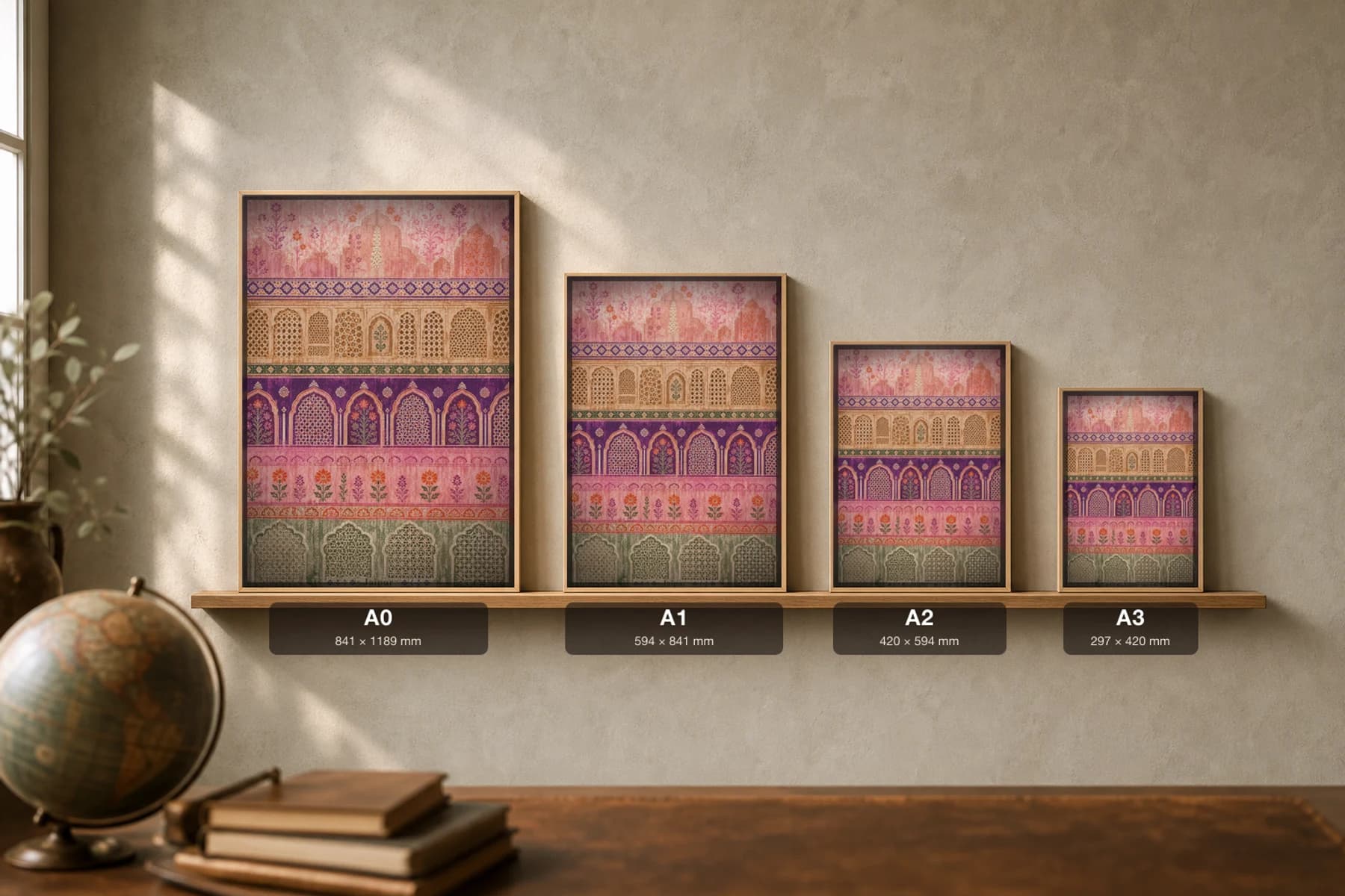 Jaipur Poster — India travel wall art · city print · framed A2 — print size guide showing the artwork at A0, A1, A2 and A3 in natural-oak frames at true relative scale