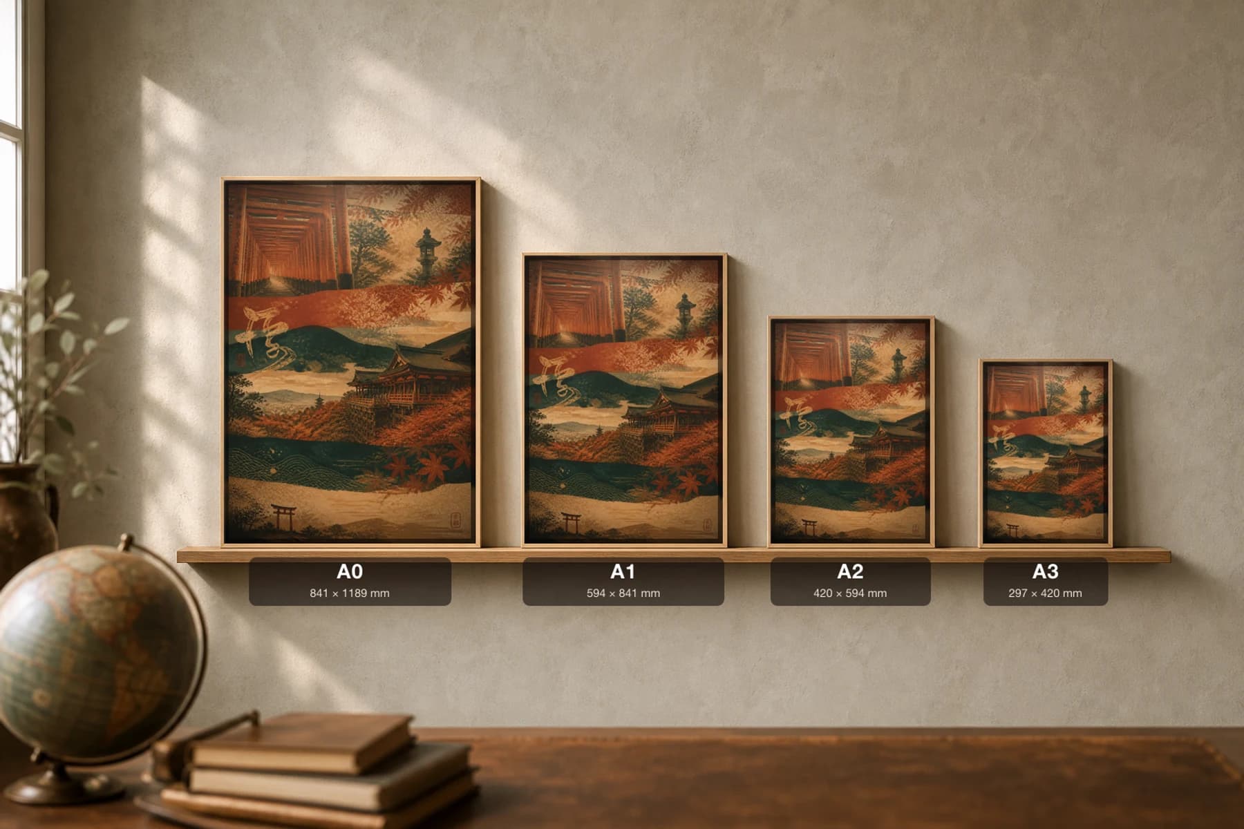 Kyoto Poster — Japan travel wall art · city print · framed A2 — print size guide showing the artwork at A0, A1, A2 and A3 in natural-oak frames at true relative scale