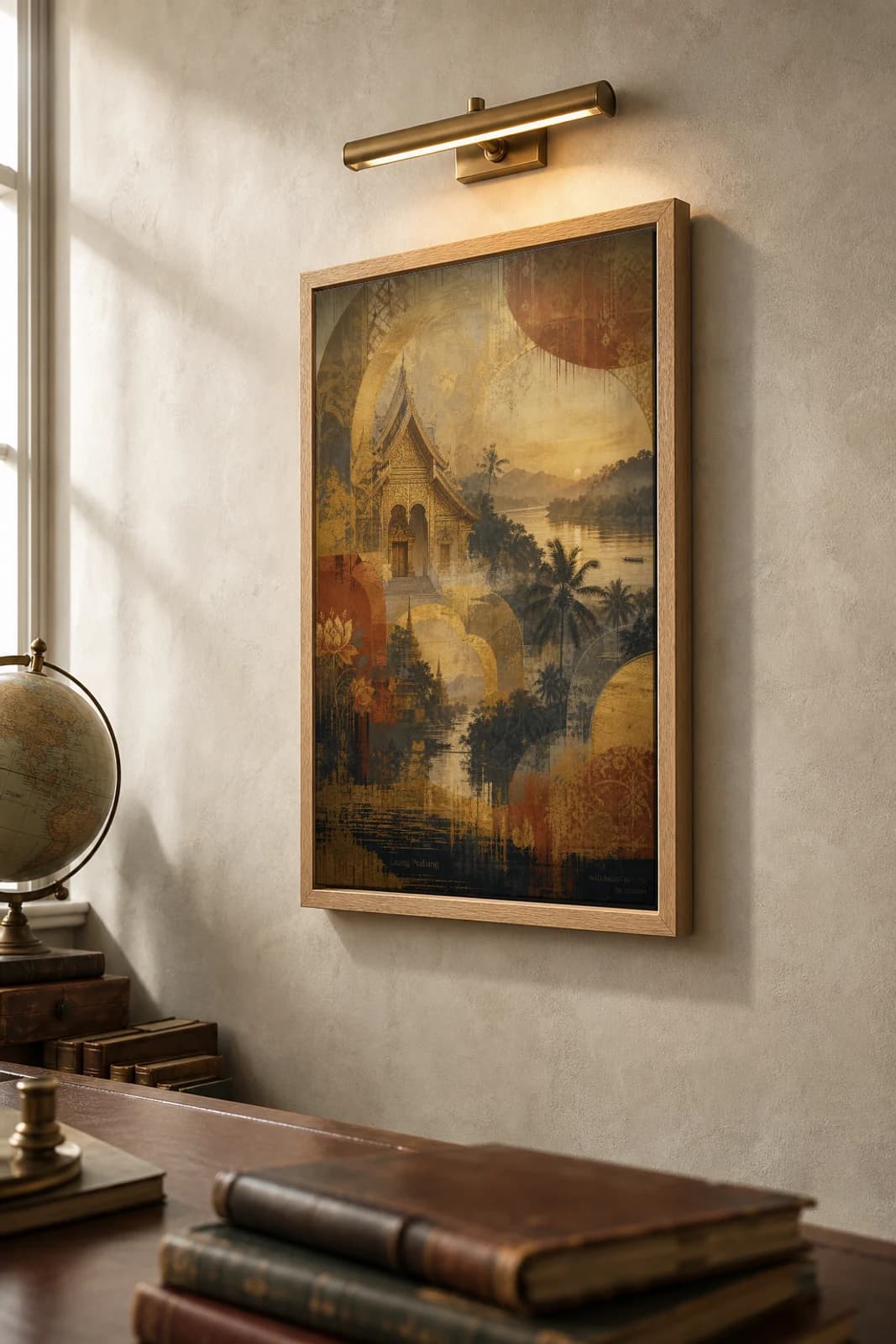 Luang Prabang Poster — Laos travel wall art · city print · framed A2 — the framed print shown at a three-quarter angle on a styled gallery wall in a natural-oak frame