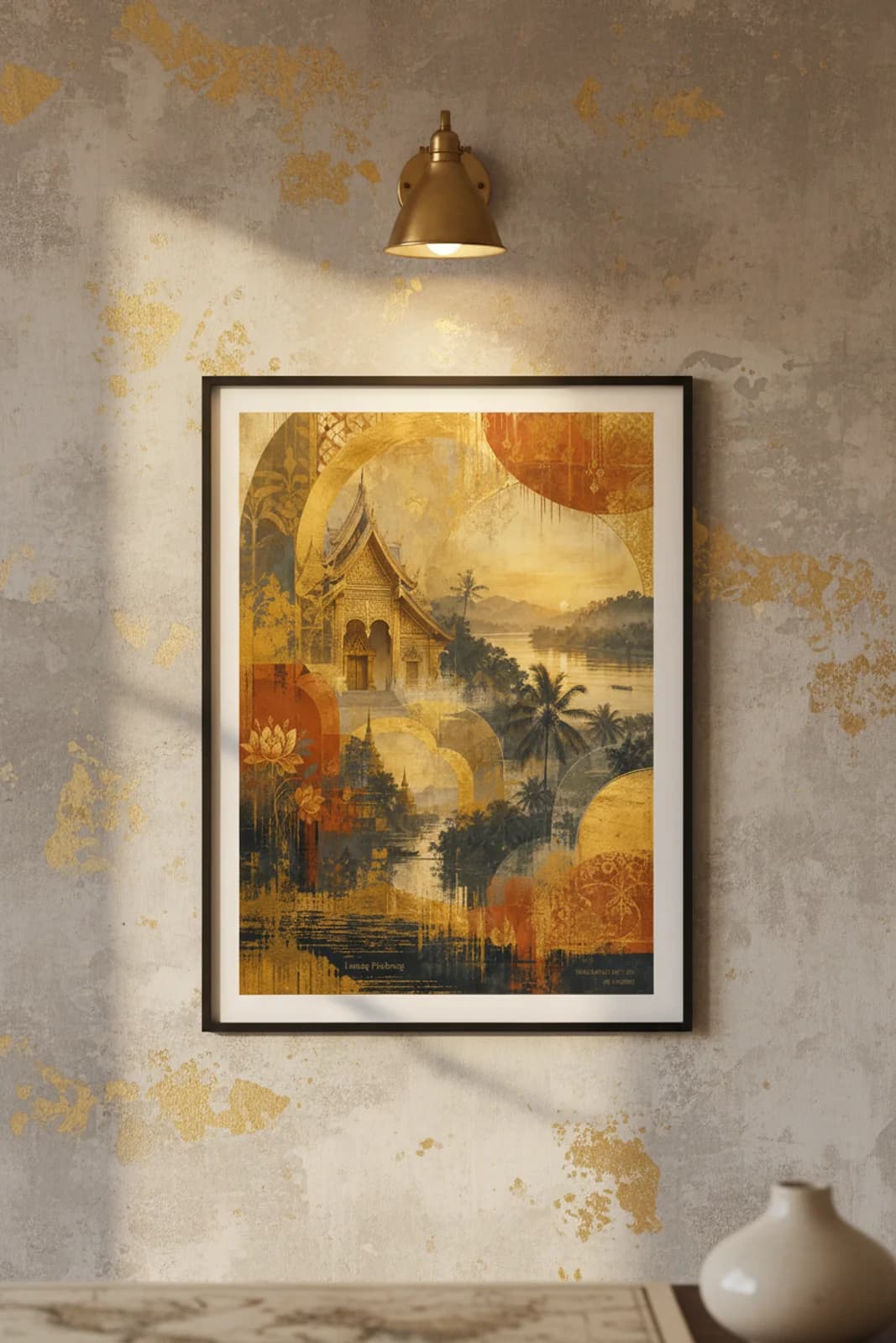 Luang Prabang Suncities travel print in black A2 frame on warm-gold concrete wall — Suncities mockup