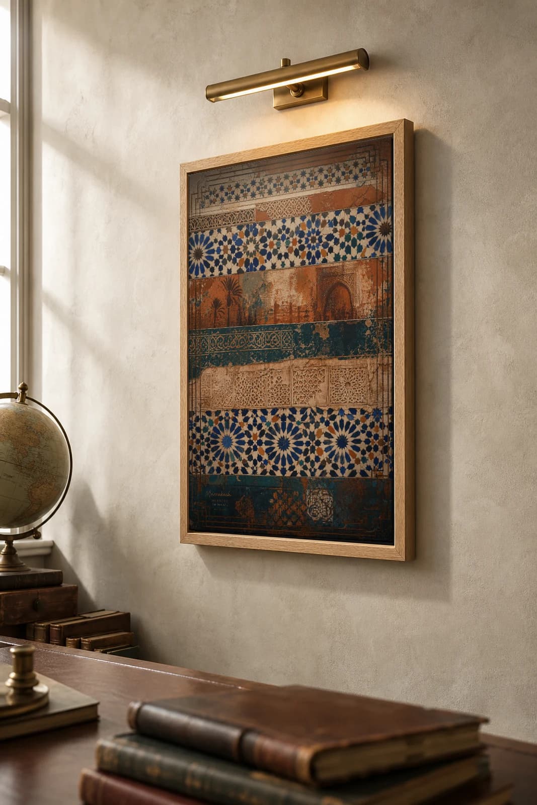 Marrakech Poster — Morocco travel wall art · city print · framed A2 — the framed print shown at a three-quarter angle on a styled gallery wall in a natural-oak frame
