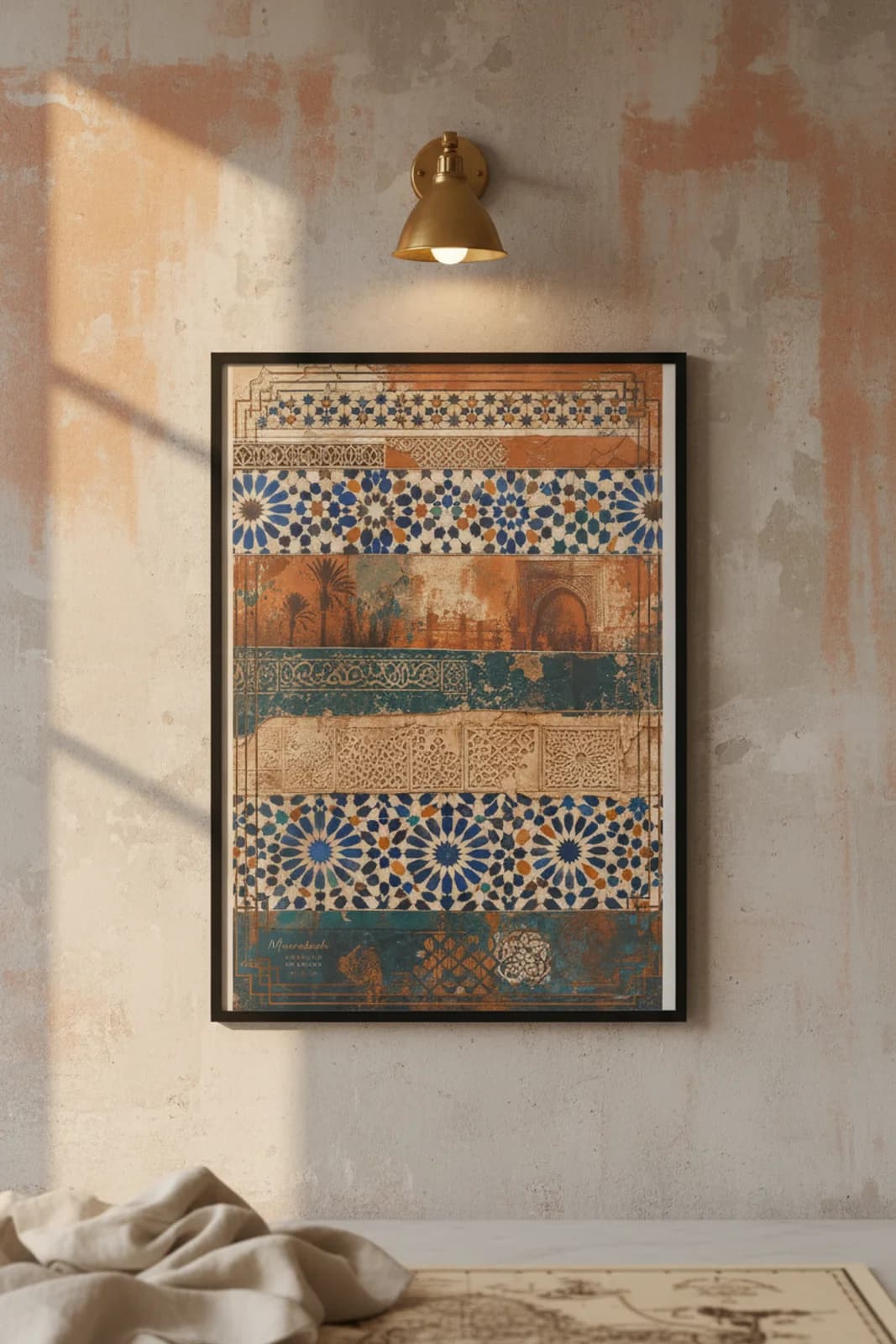 Marrakech Suncities travel print in black A2 frame on terracotta concrete wall — Suncities mockup