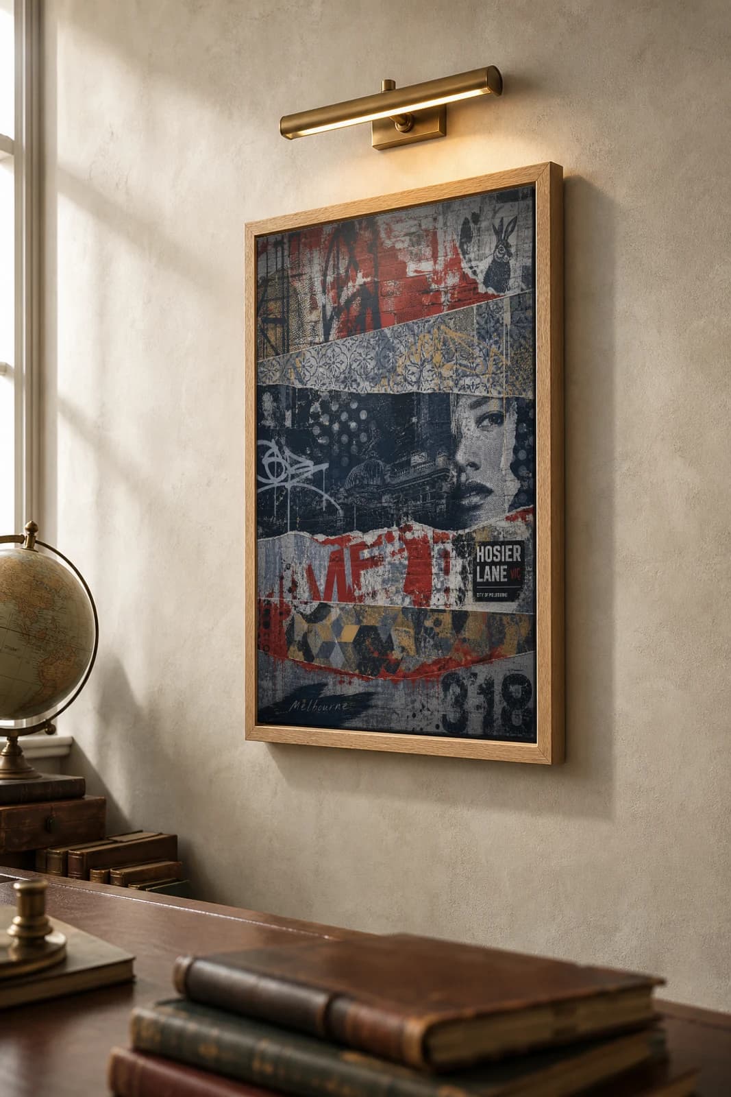 Melbourne Poster — Australia travel wall art · city print · framed A2 — the framed print shown at a three-quarter angle on a styled gallery wall in a natural-oak frame