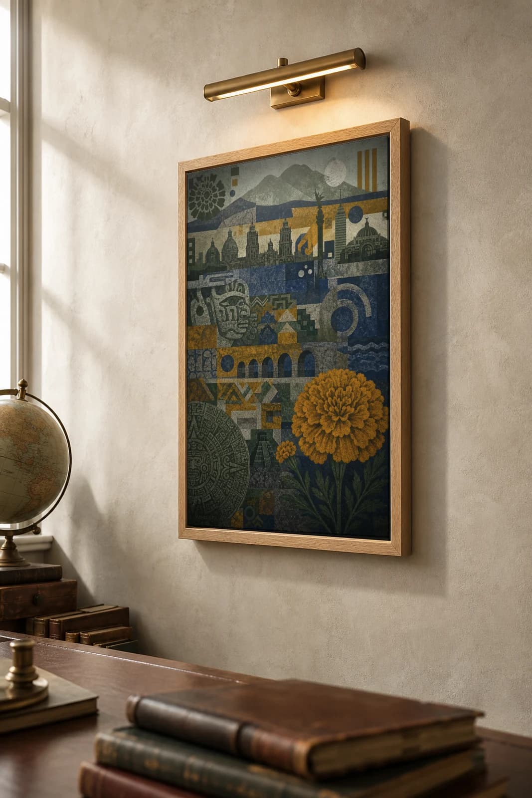 Mexico City Poster — Mexico travel wall art · city print · framed A2 — the framed print shown at a three-quarter angle on a styled gallery wall in a natural-oak frame