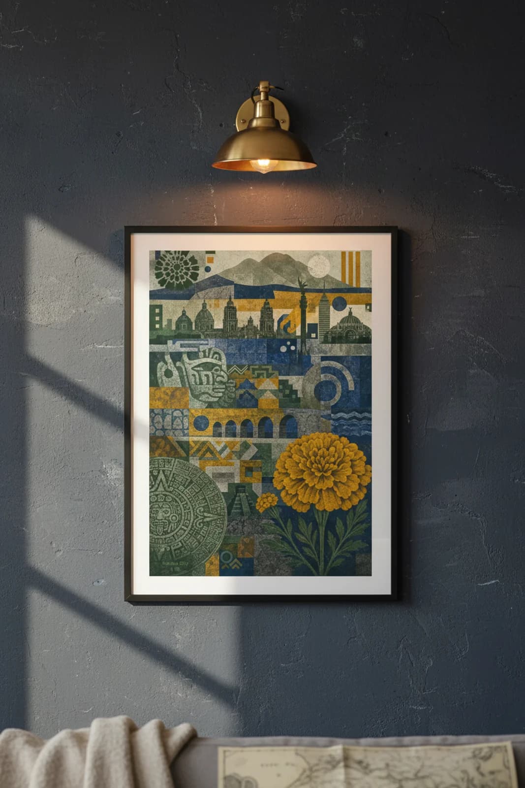 Mexico City Suncities travel print in black A2 frame on navy-blue concrete wall — Suncities mockup