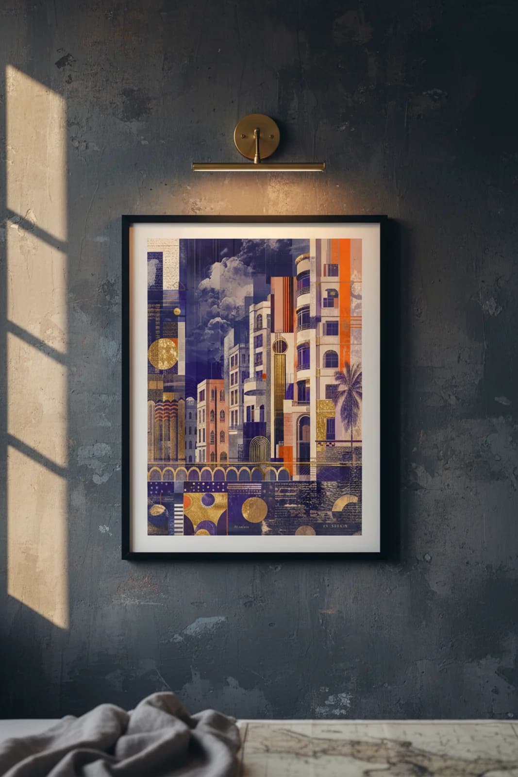 Mumbai Suncities travel print in black A2 frame on metallic-gold concrete wall — Suncities mockup