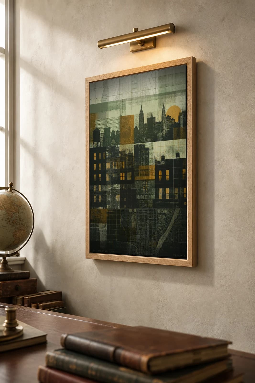 New York Poster — United States travel wall art · city print · framed A2 — the framed print shown at a three-quarter angle on a styled gallery wall in a natural-oak frame
