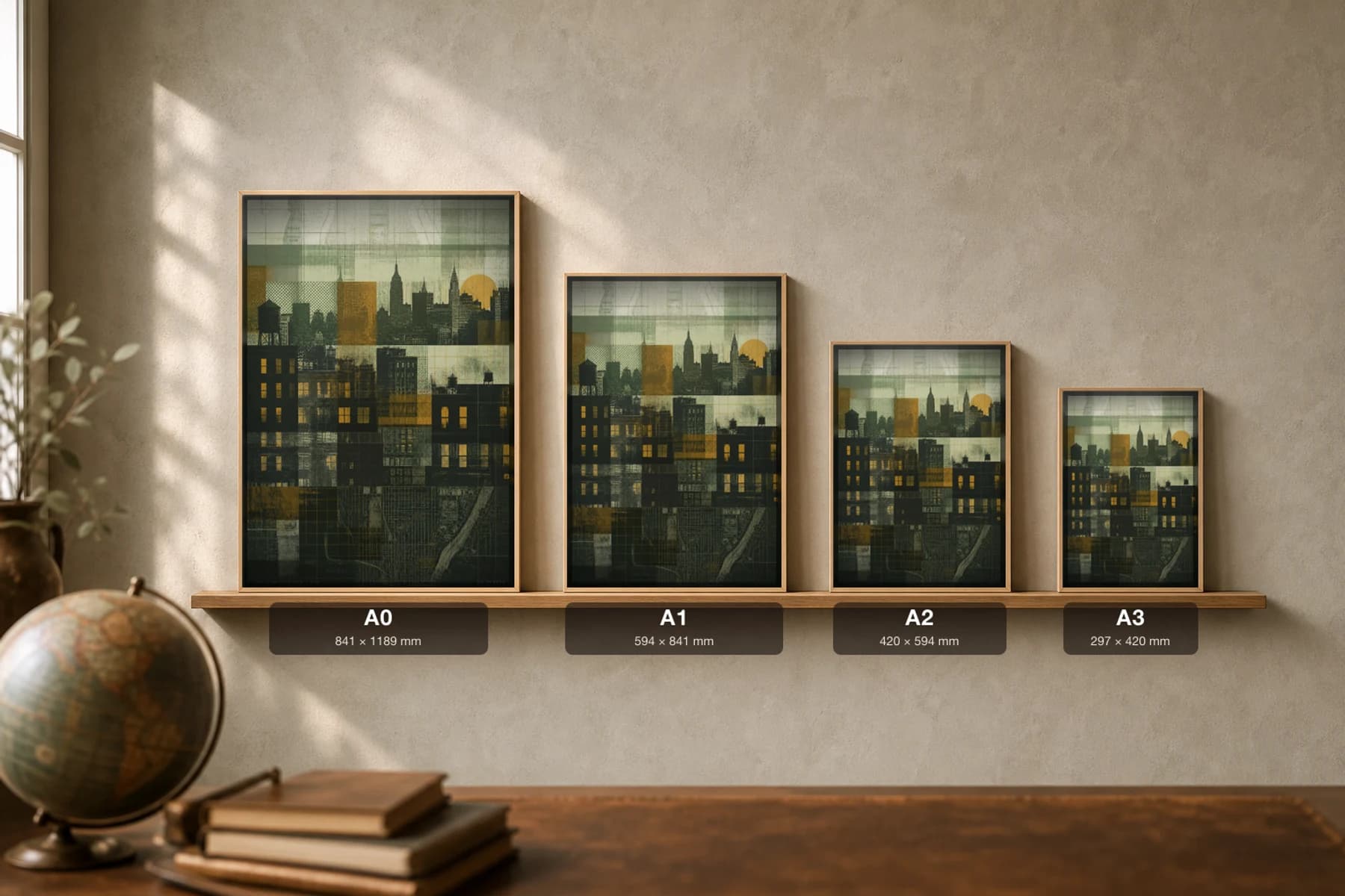 New York Poster — United States travel wall art · city print · framed A2 — print size guide showing the artwork at A0, A1, A2 and A3 in natural-oak frames at true relative scale