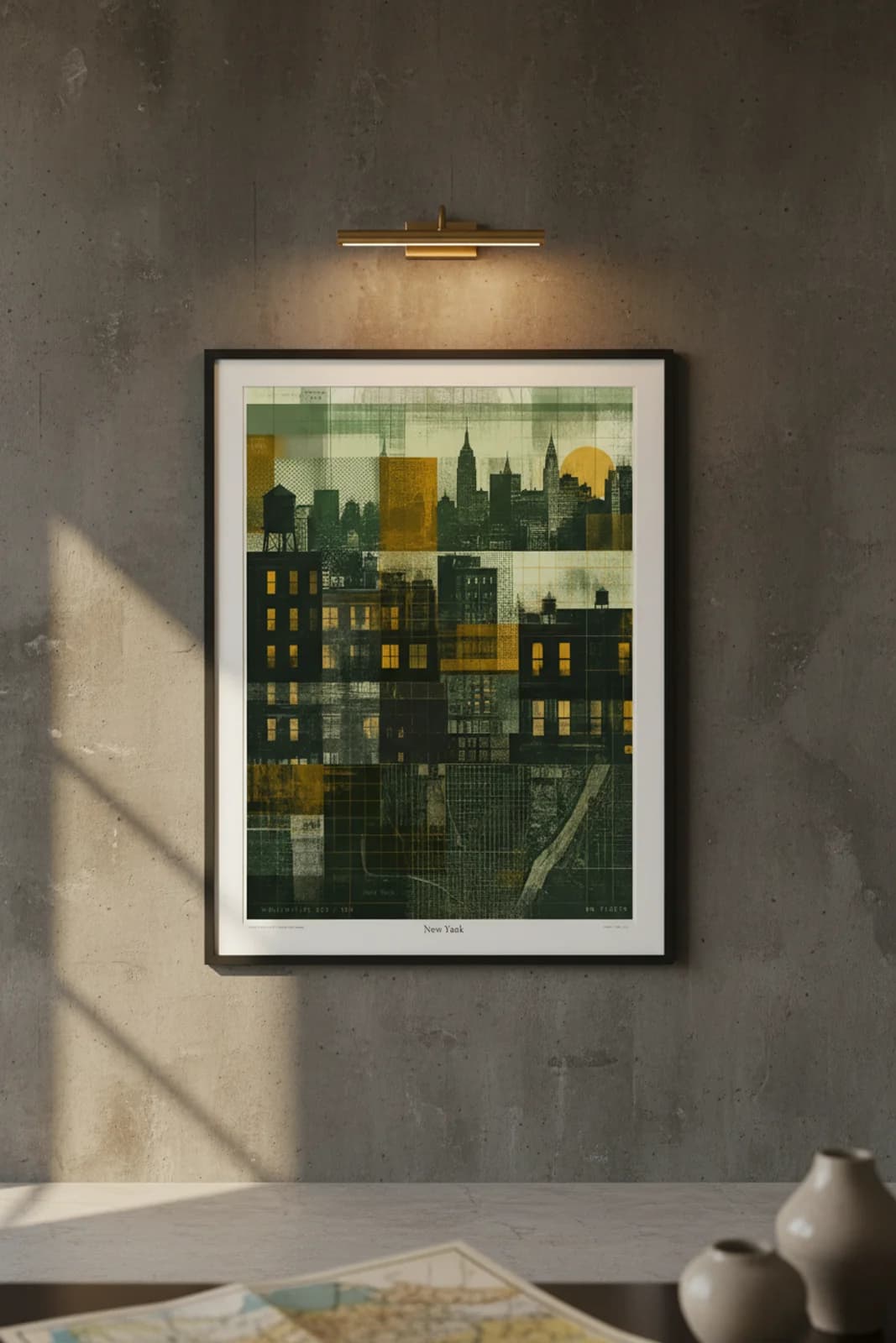 New York Suncities travel print in black A2 frame on forest-green concrete wall — Suncities mockup