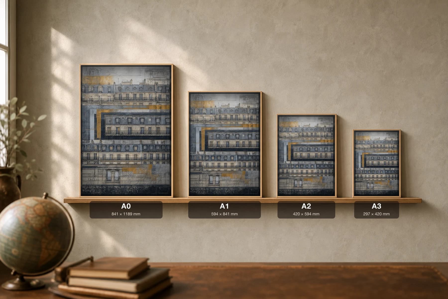 Paris Poster — France travel wall art · city print · framed A2 — print size guide showing the artwork at A0, A1, A2 and A3 in natural-oak frames at true relative scale
