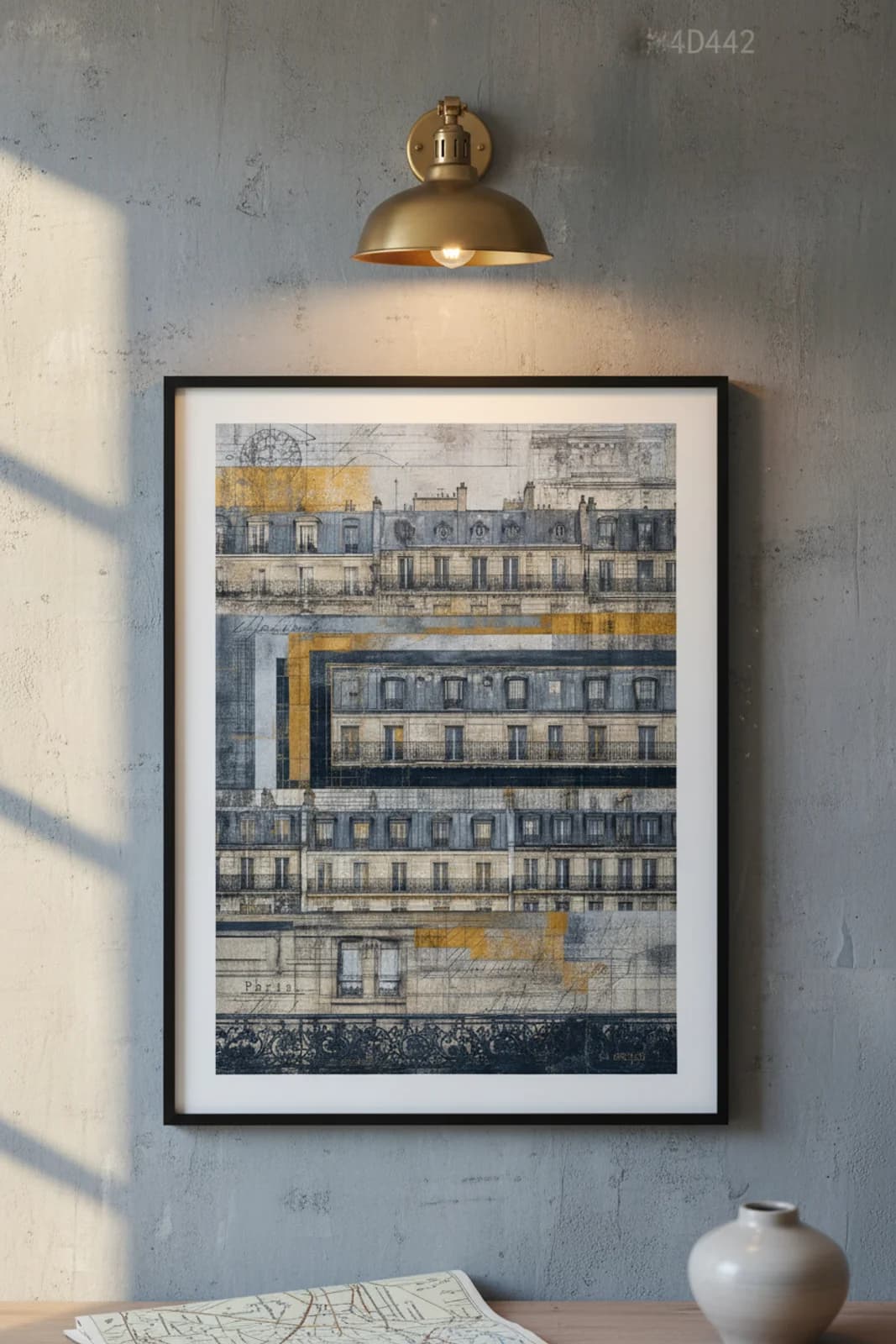 Paris Suncities travel print in black A2 frame on slate-blue concrete wall — Suncities mockup