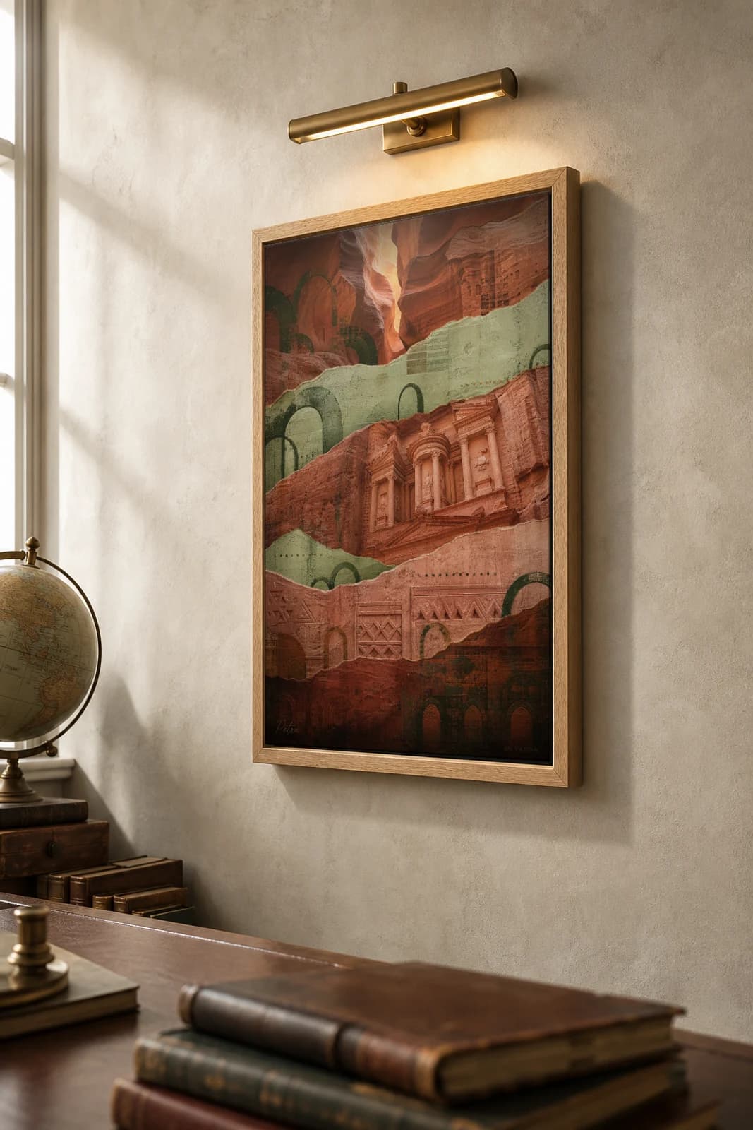 Petra Poster — Jordan travel wall art · city print · framed A2 — the framed print shown at a three-quarter angle on a styled gallery wall in a natural-oak frame