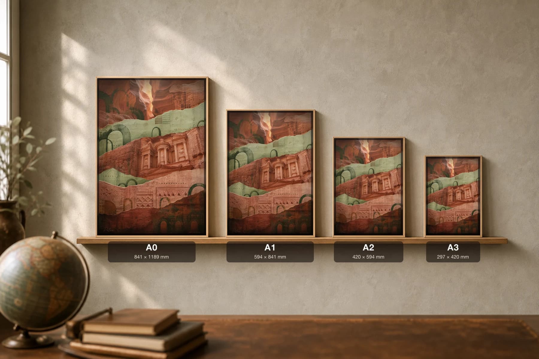 Petra Poster — Jordan travel wall art · city print · framed A2 — print size guide showing the artwork at A0, A1, A2 and A3 in natural-oak frames at true relative scale