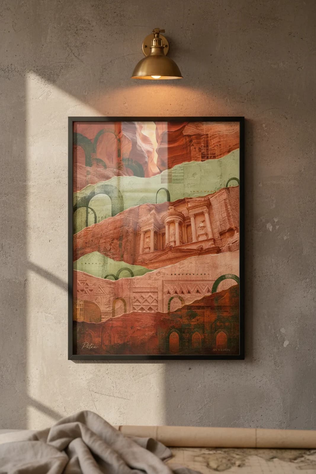 Petra Suncities travel print in black A2 frame on rose-red-sandstone concrete wall — Suncities mockup