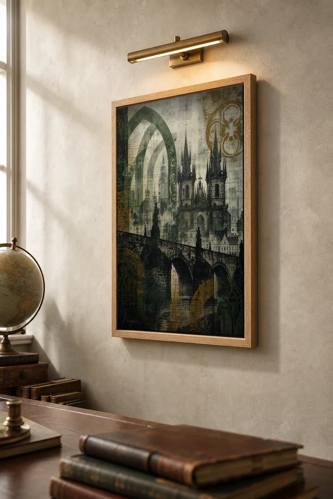 Prague Poster — Czech Republic travel wall art · city print · framed A2 — the framed print shown at a three-quarter angle on a styled gallery wall in a natural-oak frame