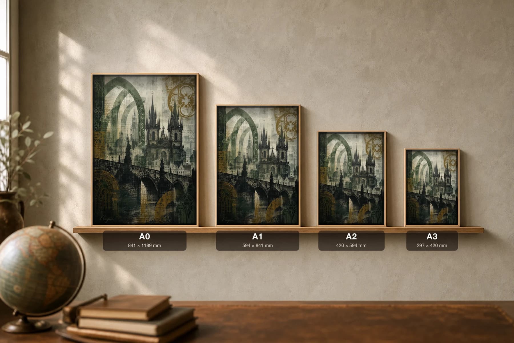 Prague Poster — Czech Republic travel wall art · city print · framed A2 — print size guide showing the artwork at A0, A1, A2 and A3 in natural-oak frames at true relative scale