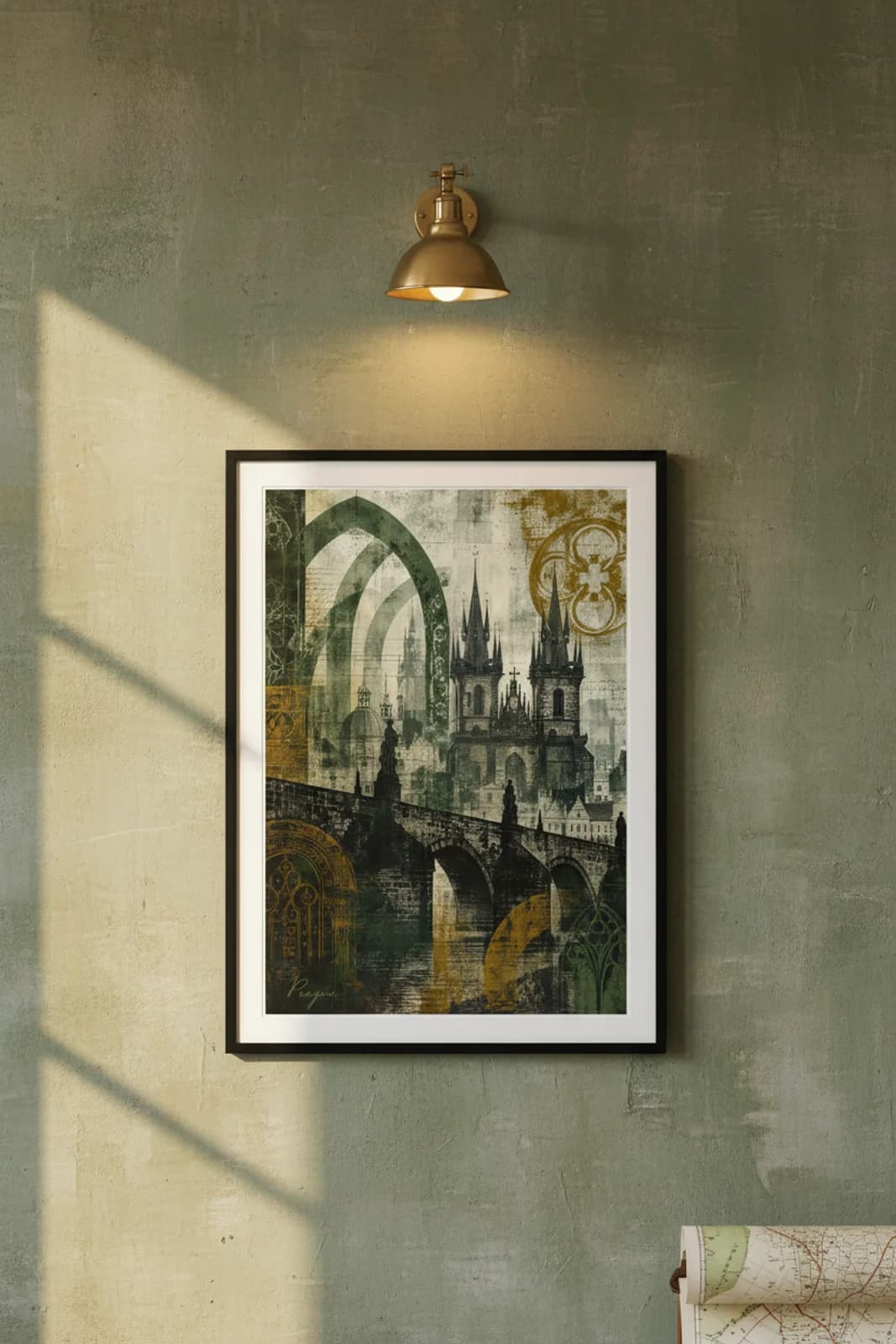 Prague Suncities travel print in black A2 frame on forest-green concrete wall — Suncities mockup