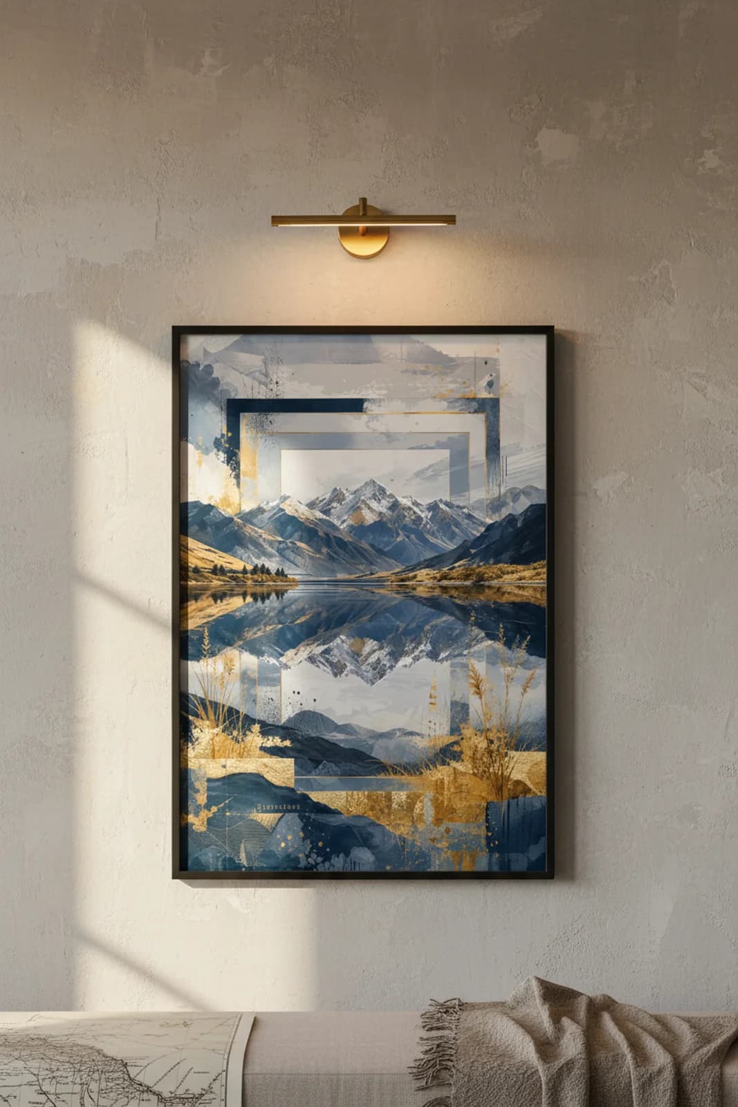Queenstown Suncities travel print in black A2 frame on navy-blue concrete wall — Suncities mockup