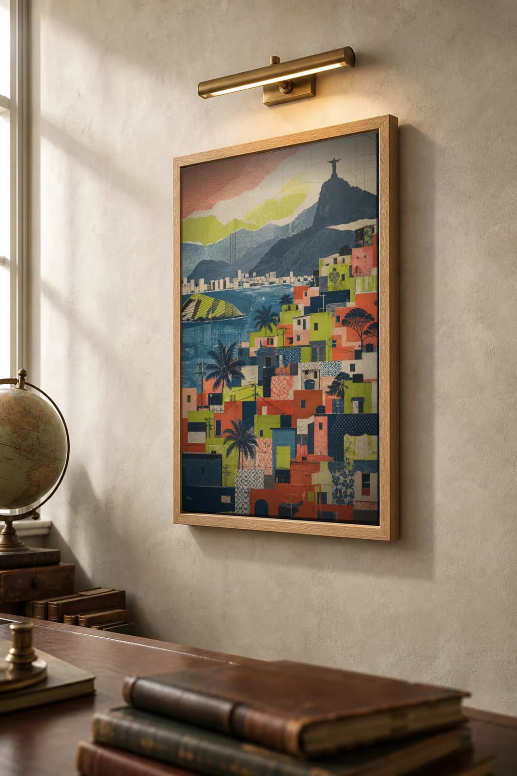 Rio de Janeiro Poster — Brazil travel wall art · city print · framed A2 — the framed print shown at a three-quarter angle on a styled gallery wall in a natural-oak frame